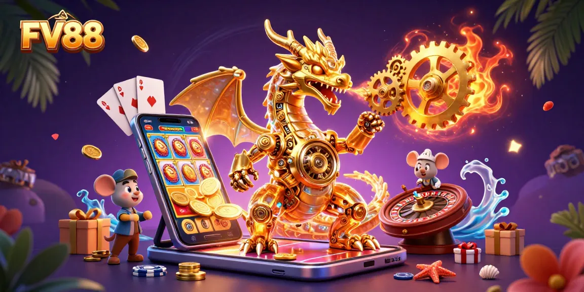 Spin reels and win big with FV88's dynamic casino scene featuring a golden dragon and exciting games.