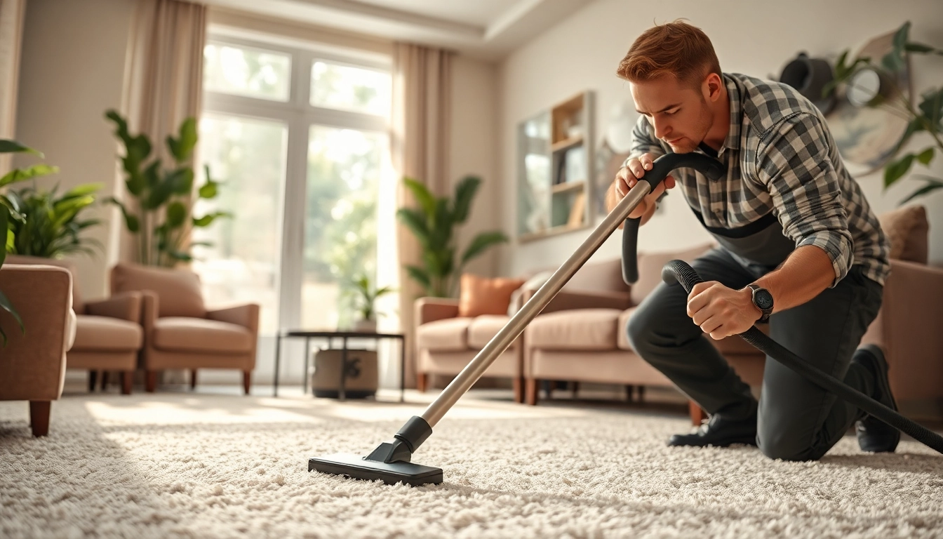 Best carpet cleaning company technician works efficiently in a bright living room.