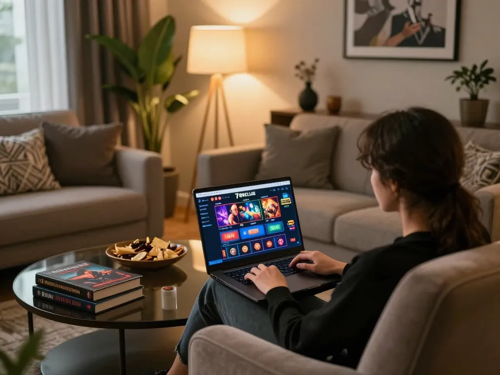 Engaging in online gaming at 789CLUB with a laptop and gaming strategy materials.