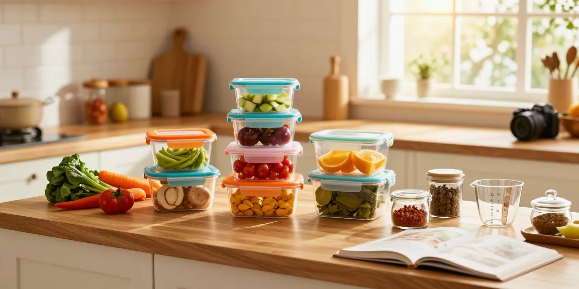 Fresh airtight food storage containers organizing vegetables in a cozy kitchen.