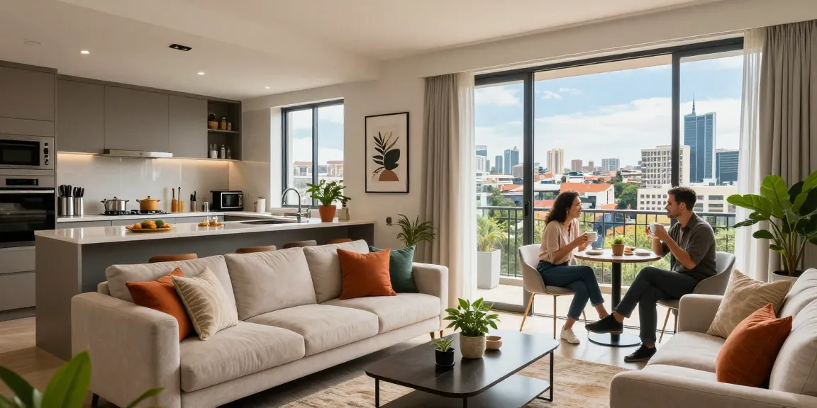 Stylish bedroom apartment for sale Westlands featuring a vibrant living space with city views.