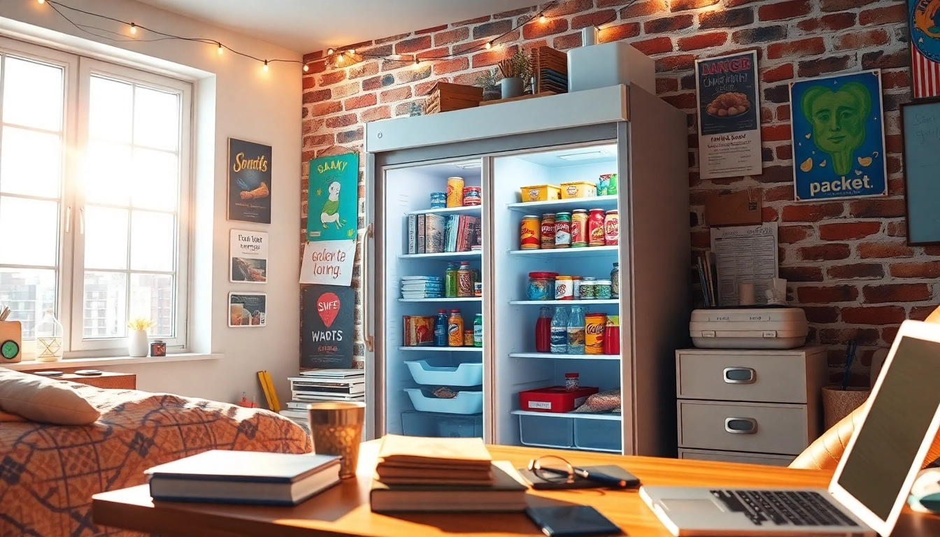 Stylish dorm room fridge filled with snacks and drinks in a vibrant college setting.