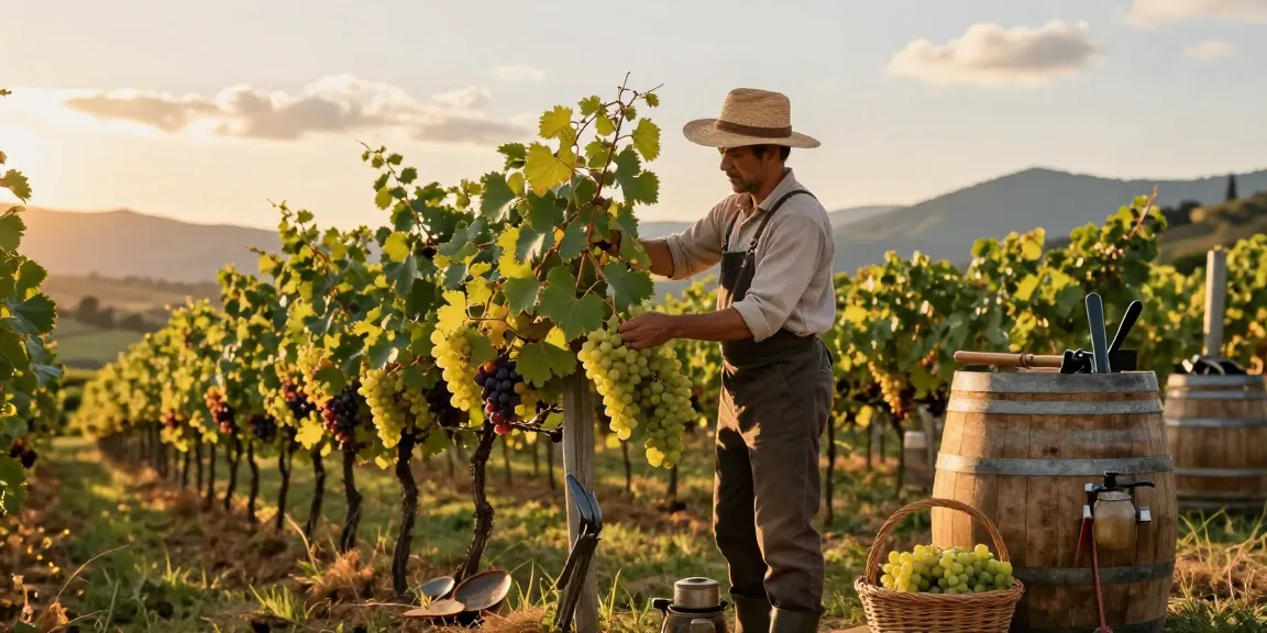 Vineyard worker harvesting grapes in the LI Press setting, golden hour light enhancing the vibrant landscape.