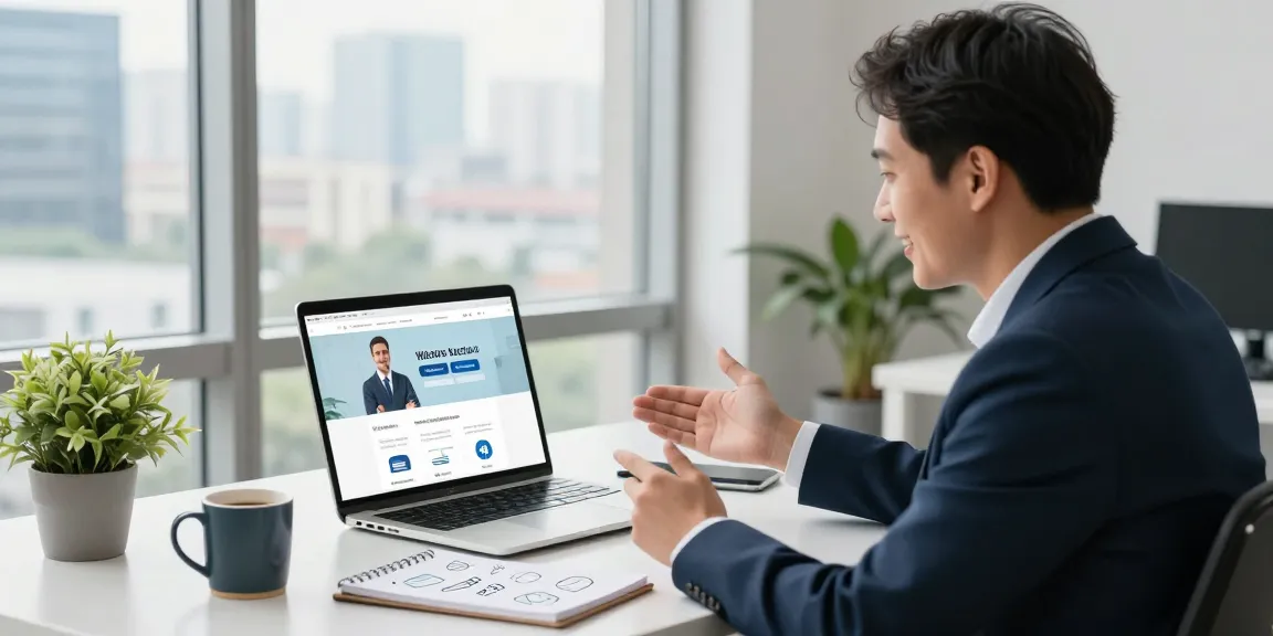 Business professional discussing websites with no upfront costs during a video call in a bright office