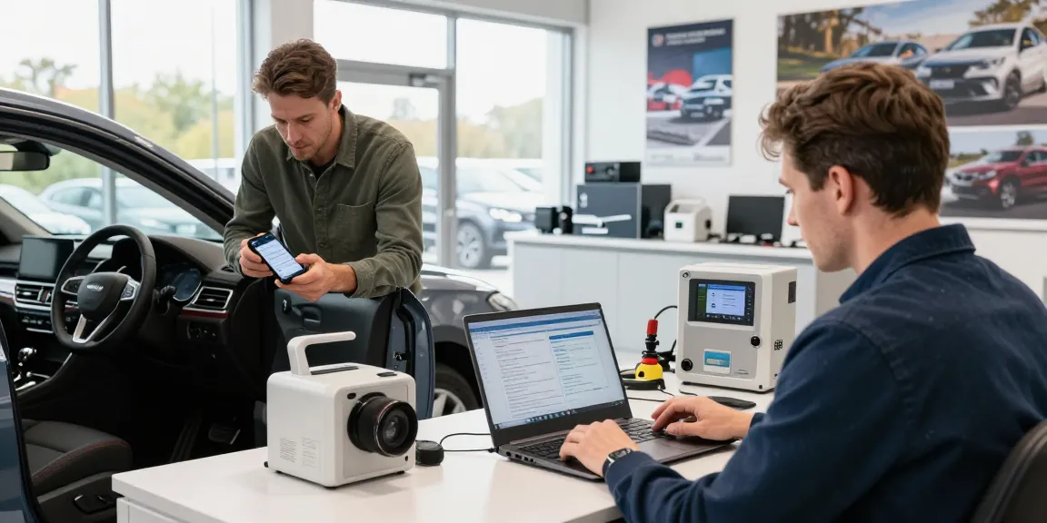 Car history check UK scene with individuals reviewing vehicle inspection reports and using apps in a modern garage.