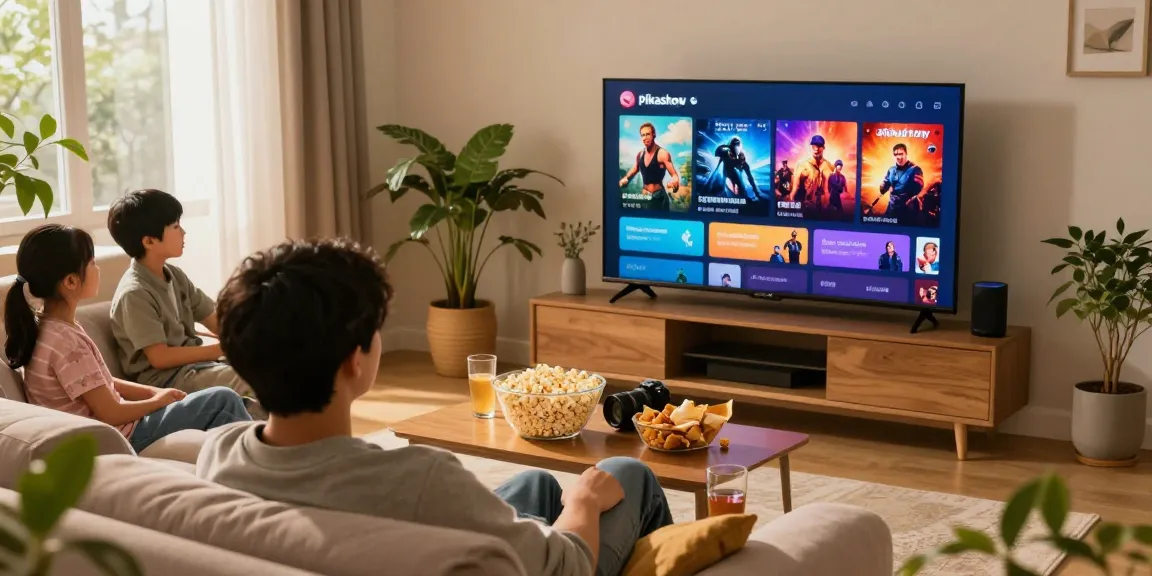 Enjoying a family movie night with Pikashow streaming on a smart TV in a cozy living room.