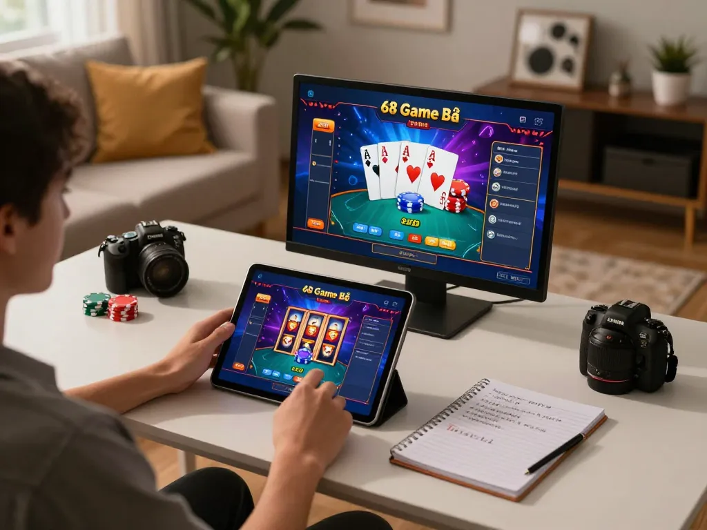 Engaging with 68 Game Bài on tablet in cozy home setting, showing gaming strategies.
