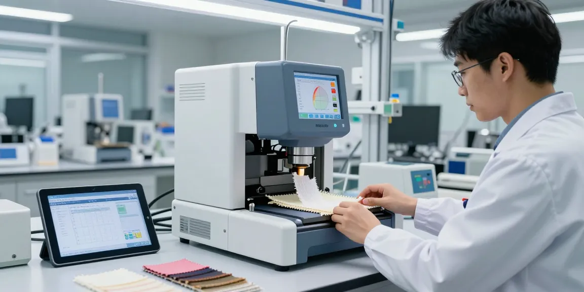 Measuring tearing force with Elmendorf Tear Tester in a high-tech textile lab.