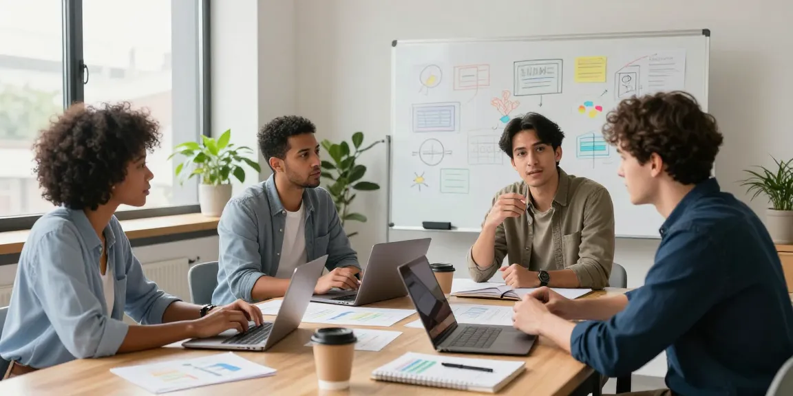 Group of founders collaborating in a dynamic brand sprint for founders, surrounded by brainstorming materials and ideas.