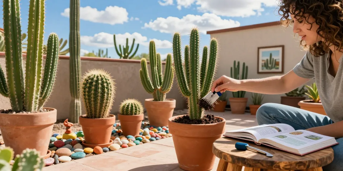 Vibrant Lophophora williamsii cacti in desert garden setting with care tools and natural sunlight.