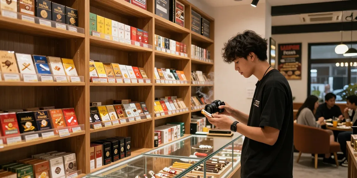 Browsing rokok 88 in a stylish tobacco shop with premium selections.