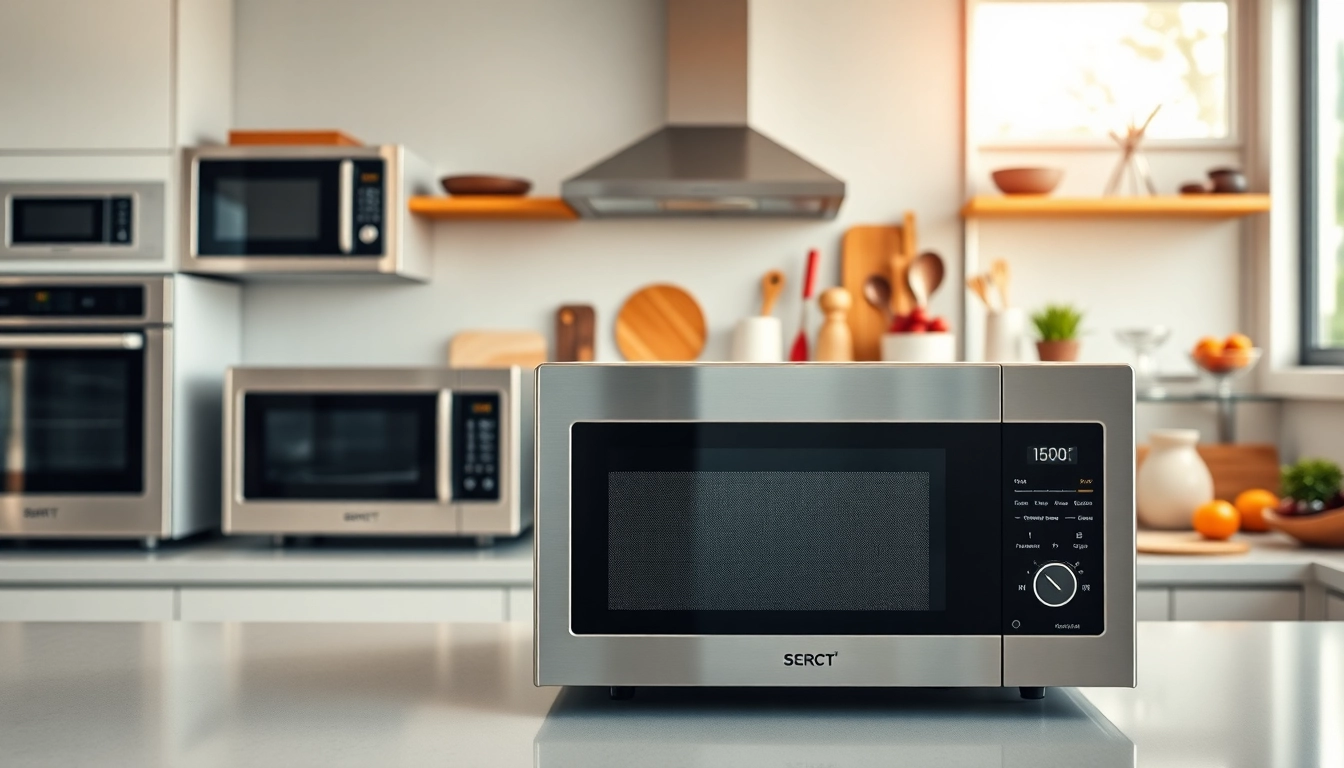 Highlighting Microwave Oven Sales with a modern stainless steel microwave in a bright kitchen setting.