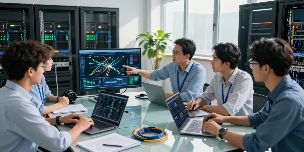 Engineers analyzing optical fiber in networking performance metrics in a high-tech data center environment.