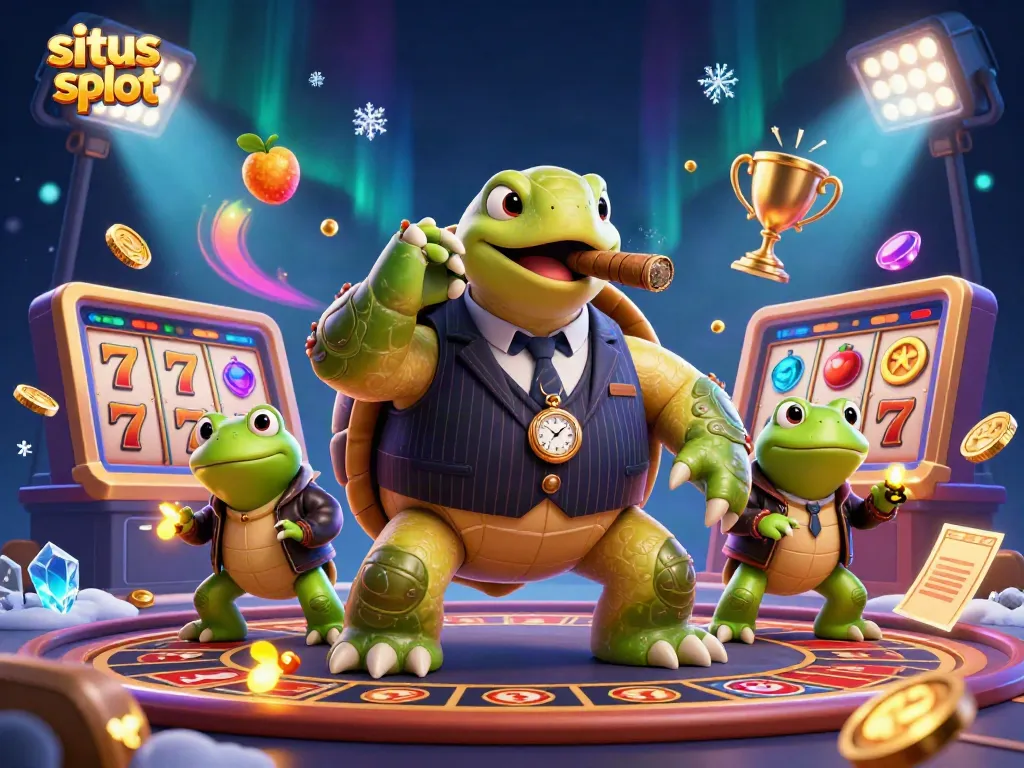 Dynamic scene with a massive turtle in a suit with bullfrog enforcers brings situs slot excitement.