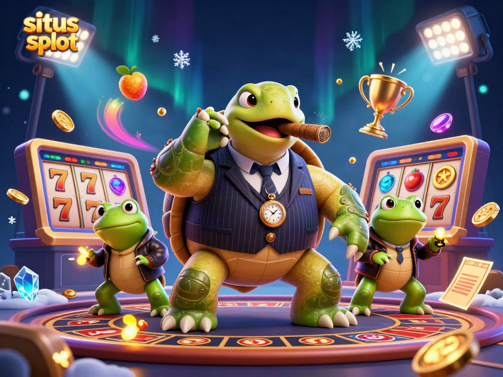Dynamic scene with a massive turtle in a suit with bullfrog enforcers brings situs slot excitement.