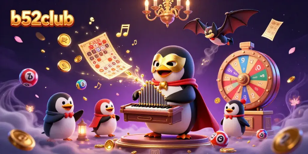 Engage with b52club's dynamic gaming experience featuring colorful lottery elements and a whimsical 3D penguin.