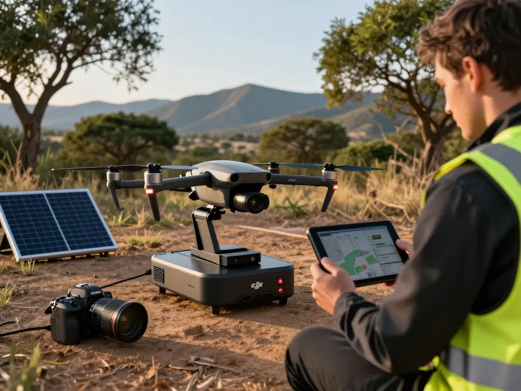 DJI dock charging Matrice 30 drone in outdoor operational environment with technician monitoring.