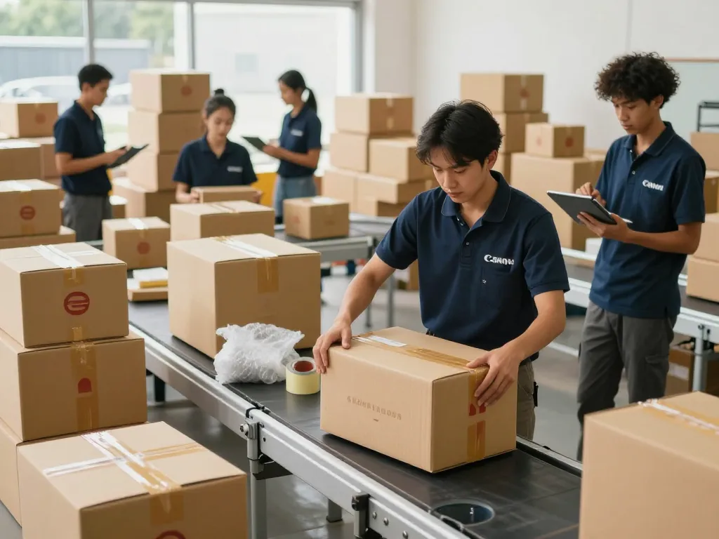 Efficient team packing custom-made carton boxes in a modern e-commerce warehouse, showcasing branded packaging.