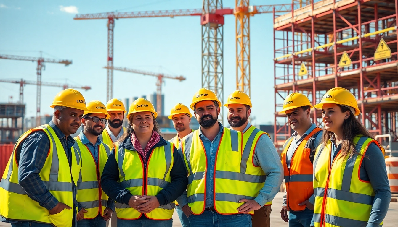 Workers implementing construction site safety measures with visible safety gear.