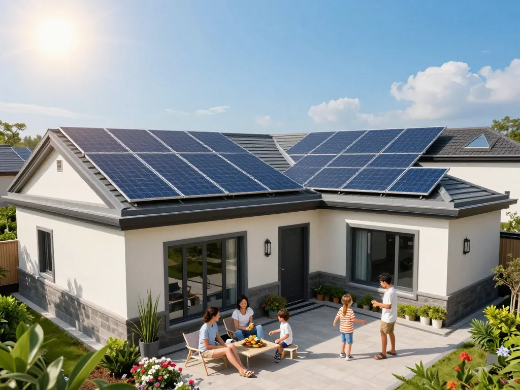 Impronta di carbonio dei moduli PV showcased on a modern home with solar panels, promoting sustainable energy efficiency.