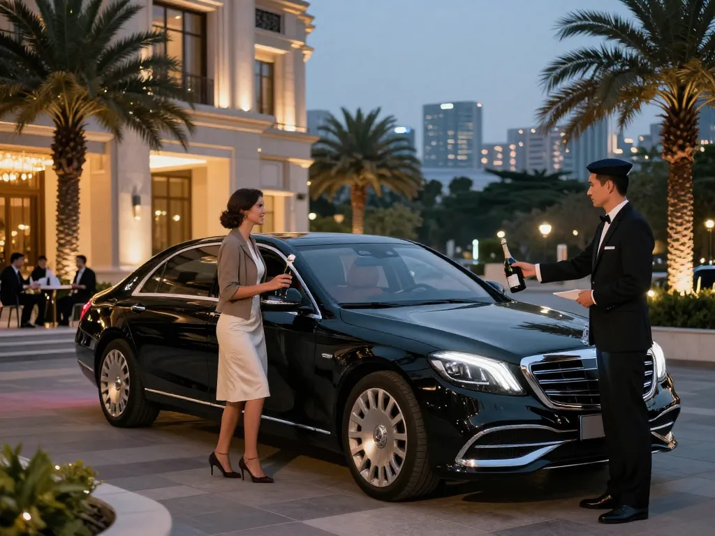 Luxury limousine service featuring a couple arriving at a chic venue, showcasing elegance and sophistication.