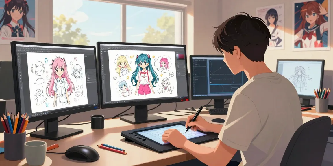Artist creating ai ecchi characters in a vibrant digital studio