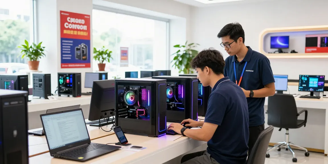 Rejuvenated PCs showcased in a bright retail space with customer interaction, highlighting quality refurbished options.