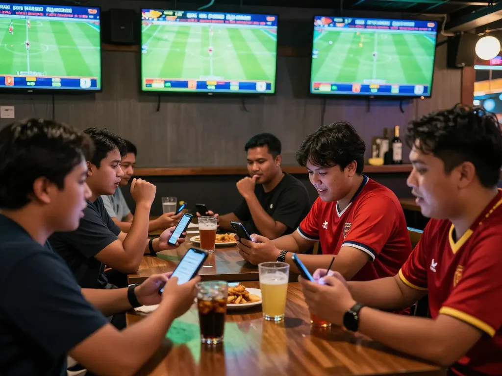 Scene menarik taruhan olahraga pada pertandingan sepak bola, menunjukkan antusiasme untuk Judi Bola dalam suasana bar yang ramai.