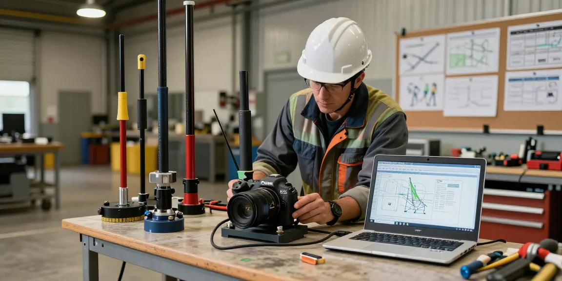 DigiTrak F2 transmitter inspection in a heavy industry workshop with directional drilling tools and schematics.