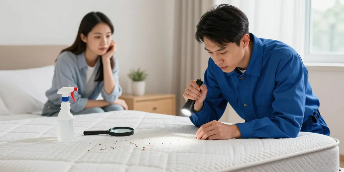 Expert bed bug removal technician inspecting mattress for signs of bed bug infestation in cozy bedroom.