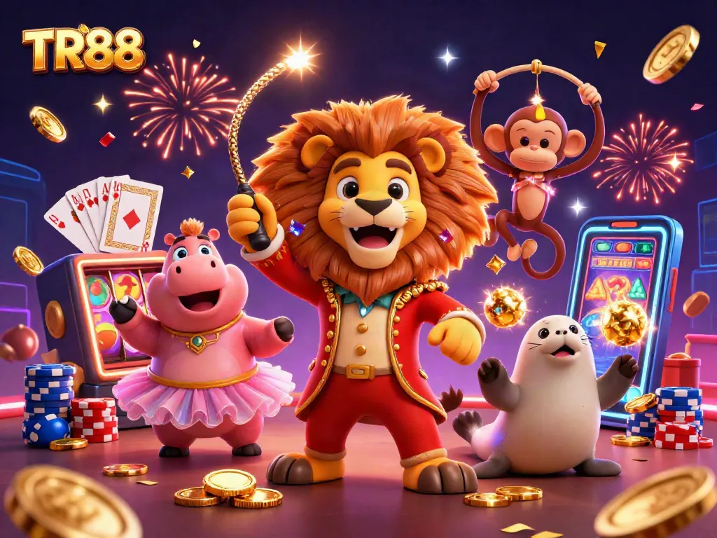 Engage with TR88 casino excitement featuring spinning slot reels and vibrant characters in a celebratory scene.