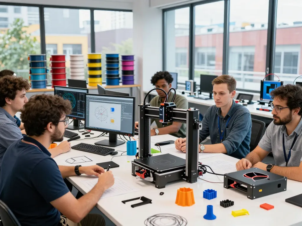 Diverse team collaborating on 3D printing designs in an innovative workshop setting.