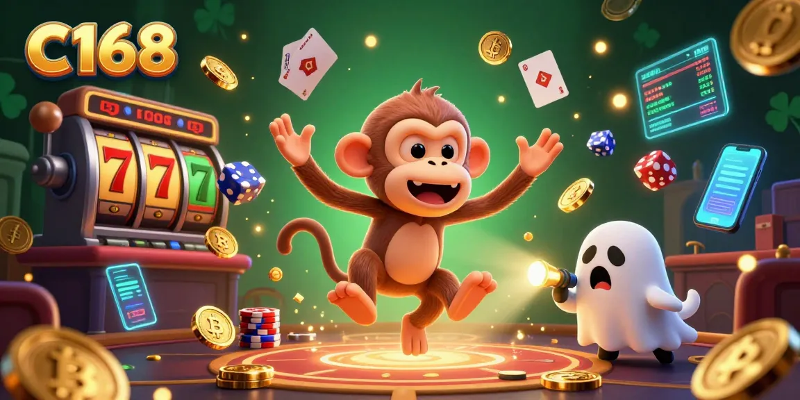 Experience exciting gameplay with C168 as a mischievous monkey juggles coins in a vibrant casino scene.