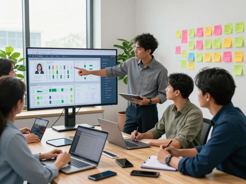 Team collaborating on queue management system software in a modern office, showcasing data-driven customer flow solutions.