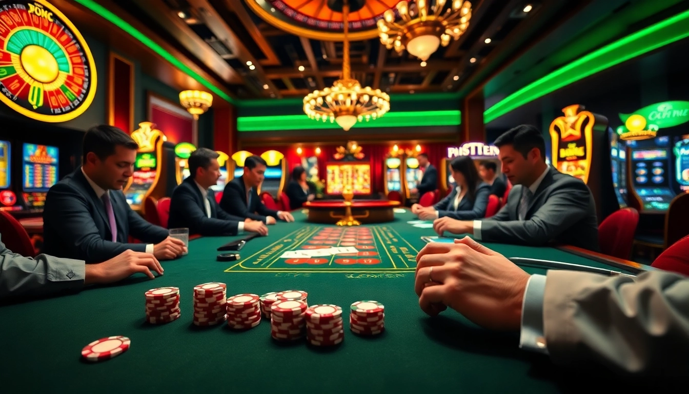 Players enjoying an exciting casino game experience at RR88 with vibrant poker chips and roulette wheel.