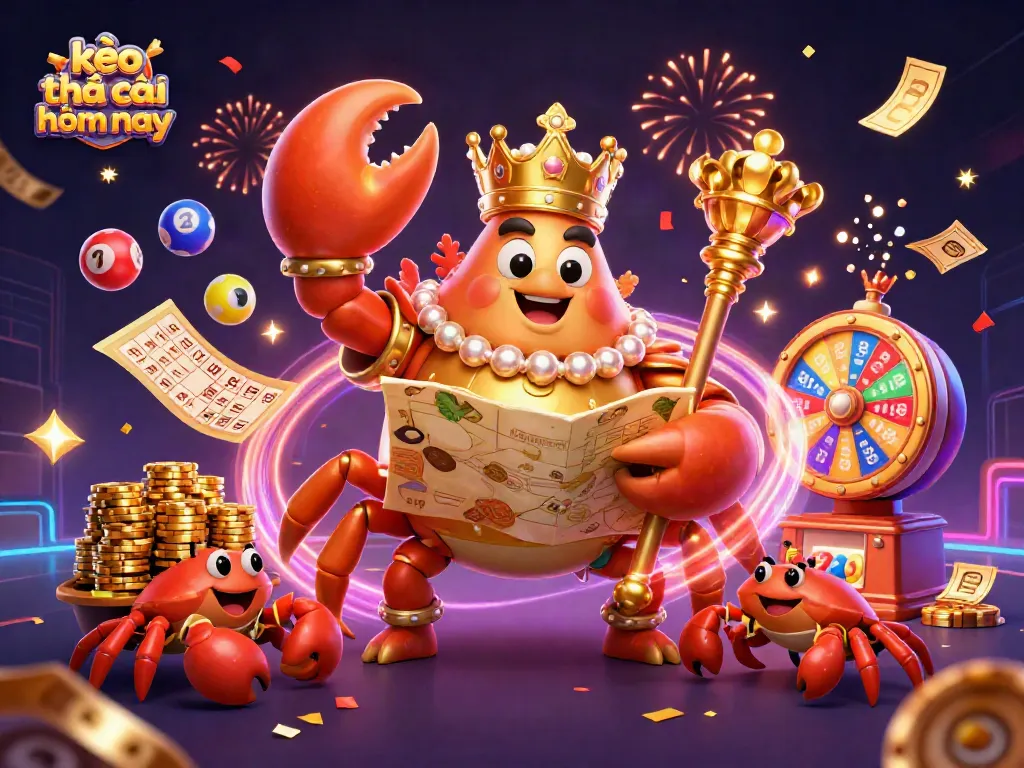 Experience the excitement of kèo nhà cái hôm nay with a vibrant illustration showcasing a crab emperor and lottery elements.