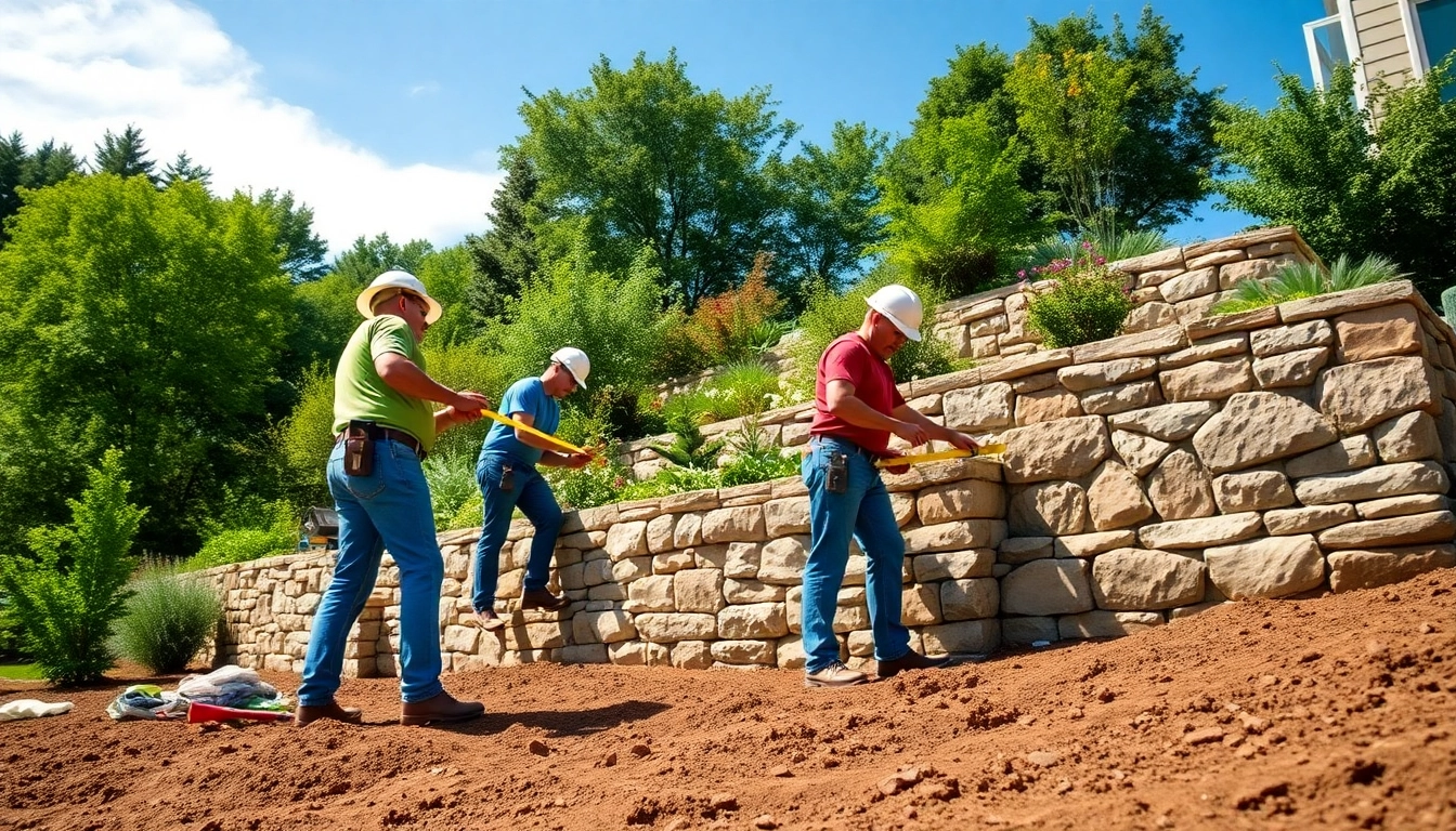 Retaining wall contractor Bay Area building a stone wall in a landscaped backyard.