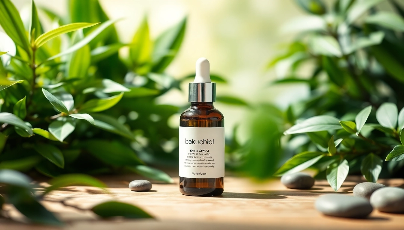 Bakuchiol serum nestled in a tranquil spa setting with lush greenery.