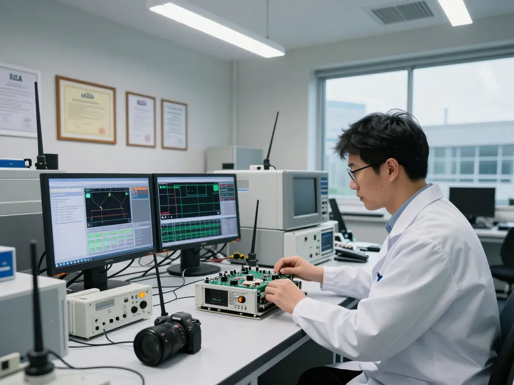 Engineer conducting FCC certification tests in advanced EMC lab with high-tech equipment and compliance metrics displayed.