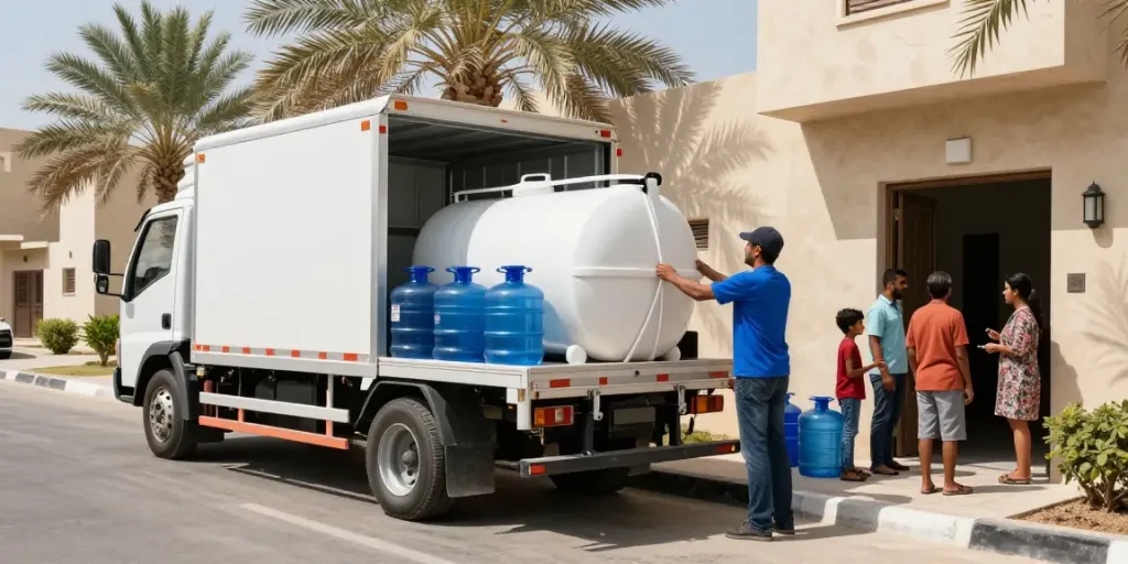 طلب صهريج مياه بالرياض delivery truck unloading water tanks at a home in Riyadh