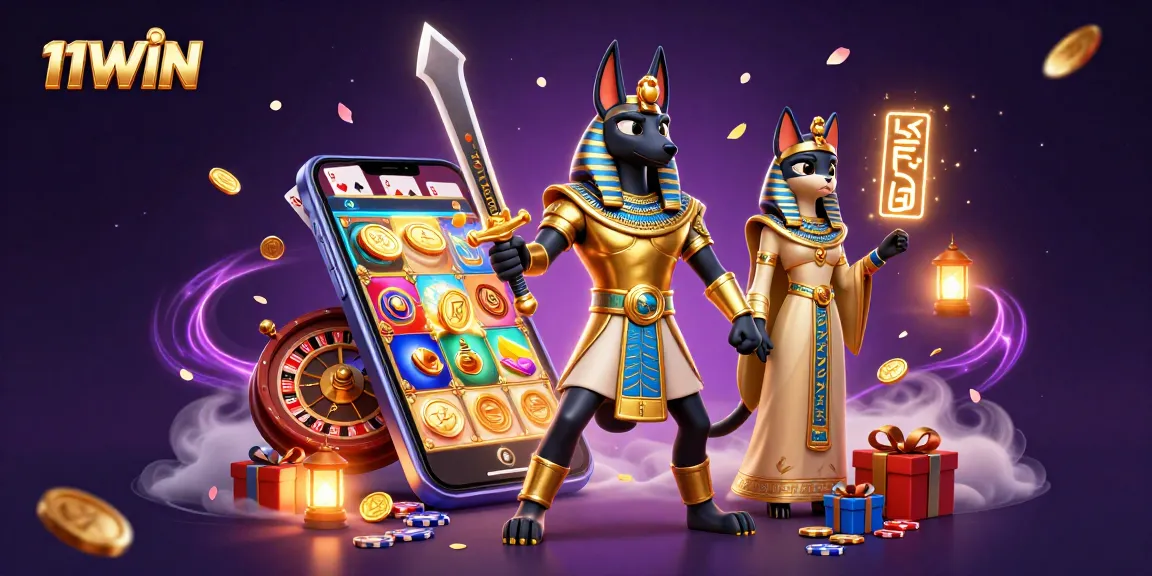 Experience the thrill of 11WIN as the Anubis warrior wields luck with a dynamic casino scene.