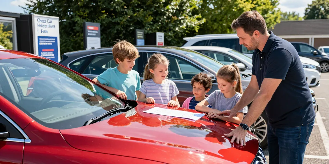 Family checking a car with a focus on car history check UK before purchase.