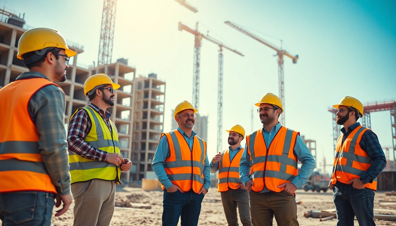 Showcasing a dynamic construction association scene with workers and cranes at a busy site.