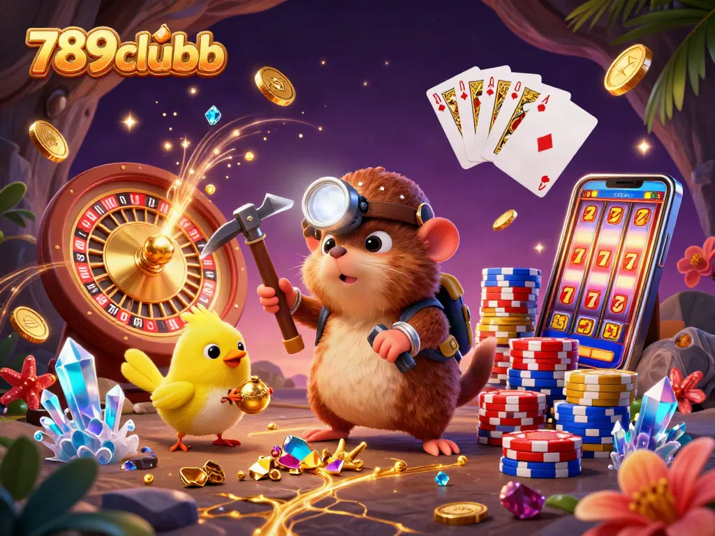 Experience the thrill of 789clubb with a treasure hunter mole exploring dazzling gems and casino excitement.