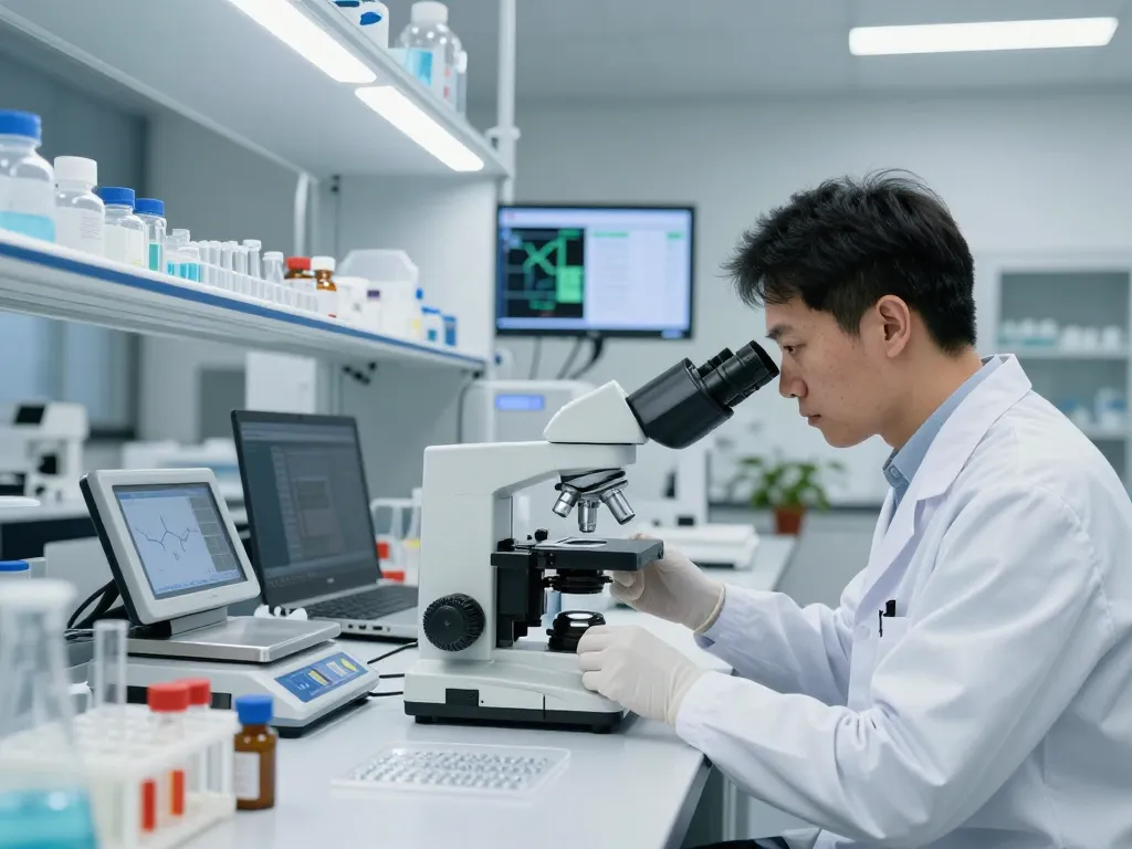 Researcher in a lab analyzing samples to Buy epithalon peptide, showcasing a modern lab environment with high-tech equipment and detailed charts.