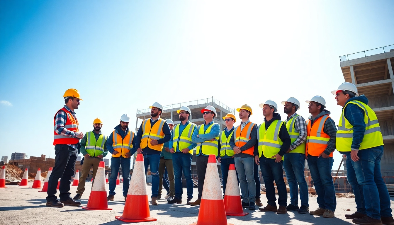 Construction safety training in action with diverse workers focusing on safety practices at a job site.