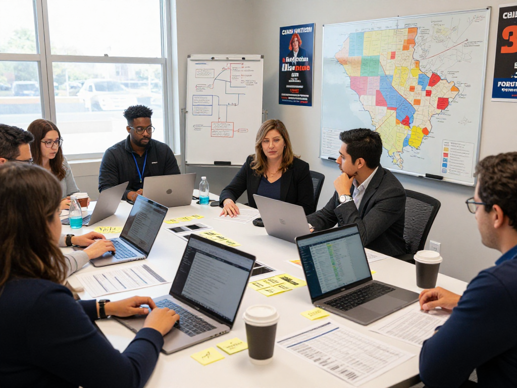 Collaborative team strategizing for ballot initiative campaign services with voter data and campaign materials.