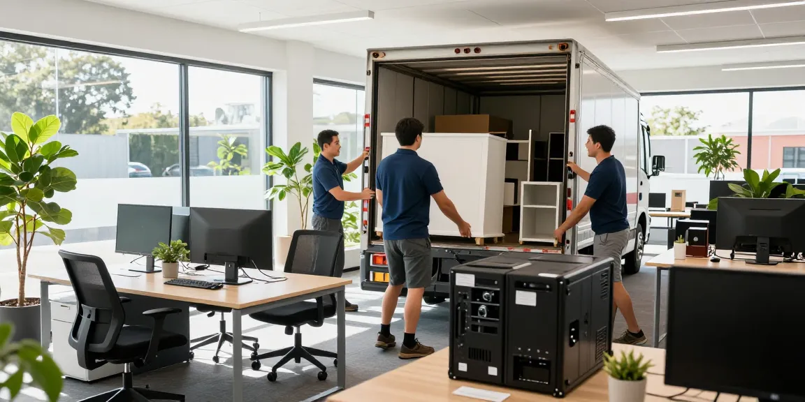 Commercial movers Tauranga unloading office equipment into a new workspace, showcasing efficient relocation.
