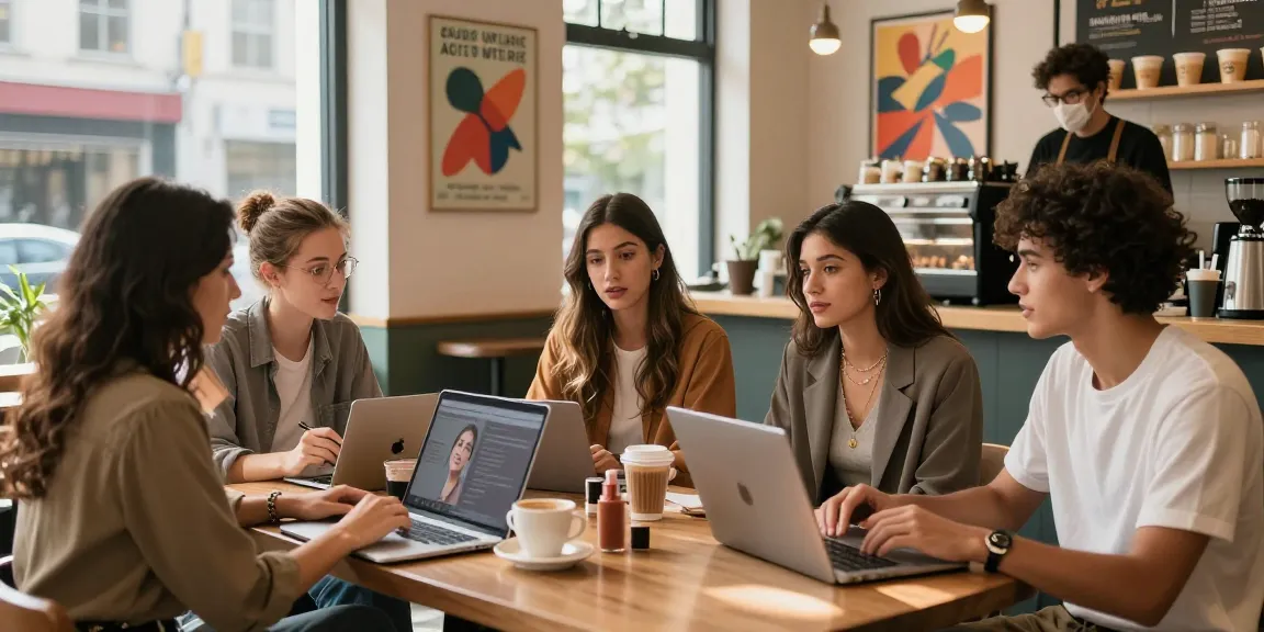 A diverse group discussing looksmaxxing strategies in a vibrant coffee shop.