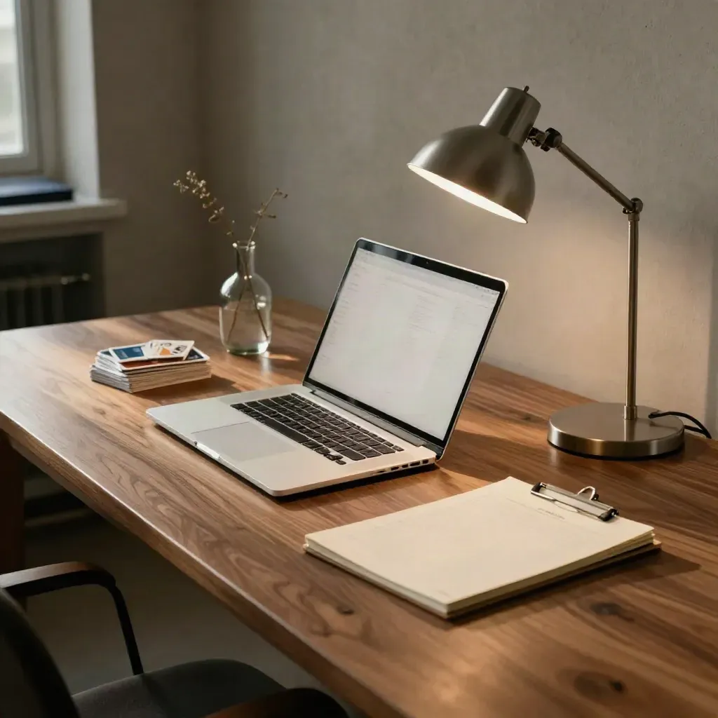 Moody studio table with laptop, briefing pad, strategy cards, lamp, and vase, navy accent.